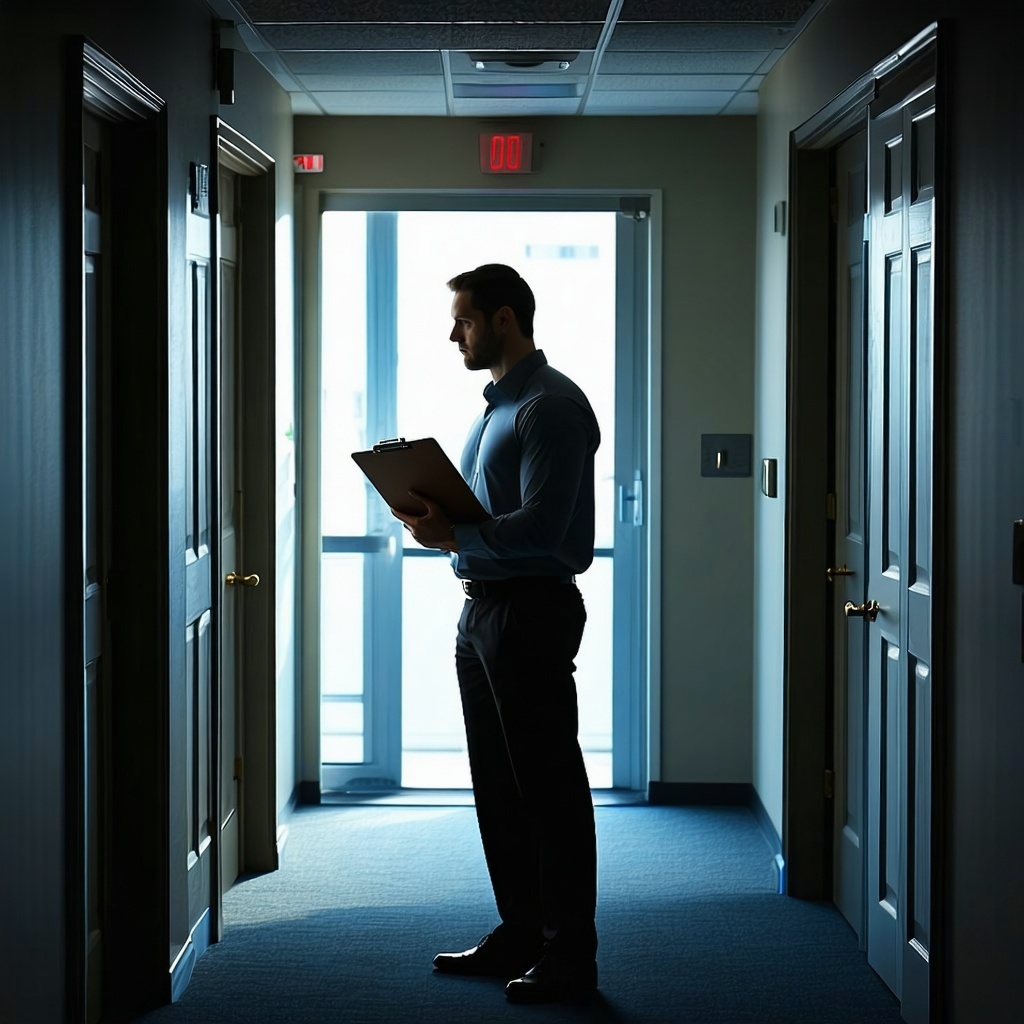 A lone property manager standing in a hallway with several apartment doors closed and darkened holding a clipboard-1