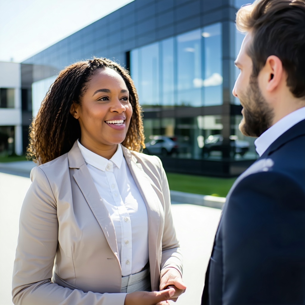 Realtor talking with a client in front of a commercial office building Realtor talking with a client in front of a commercial office building