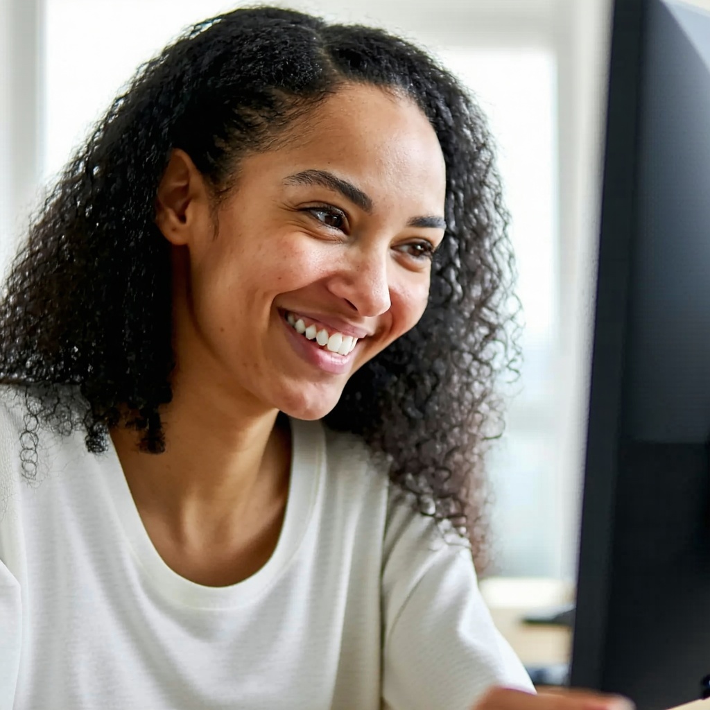 woman smiling using a computer looking at the screen-3 woman smiling using a computer looking at the screen-3