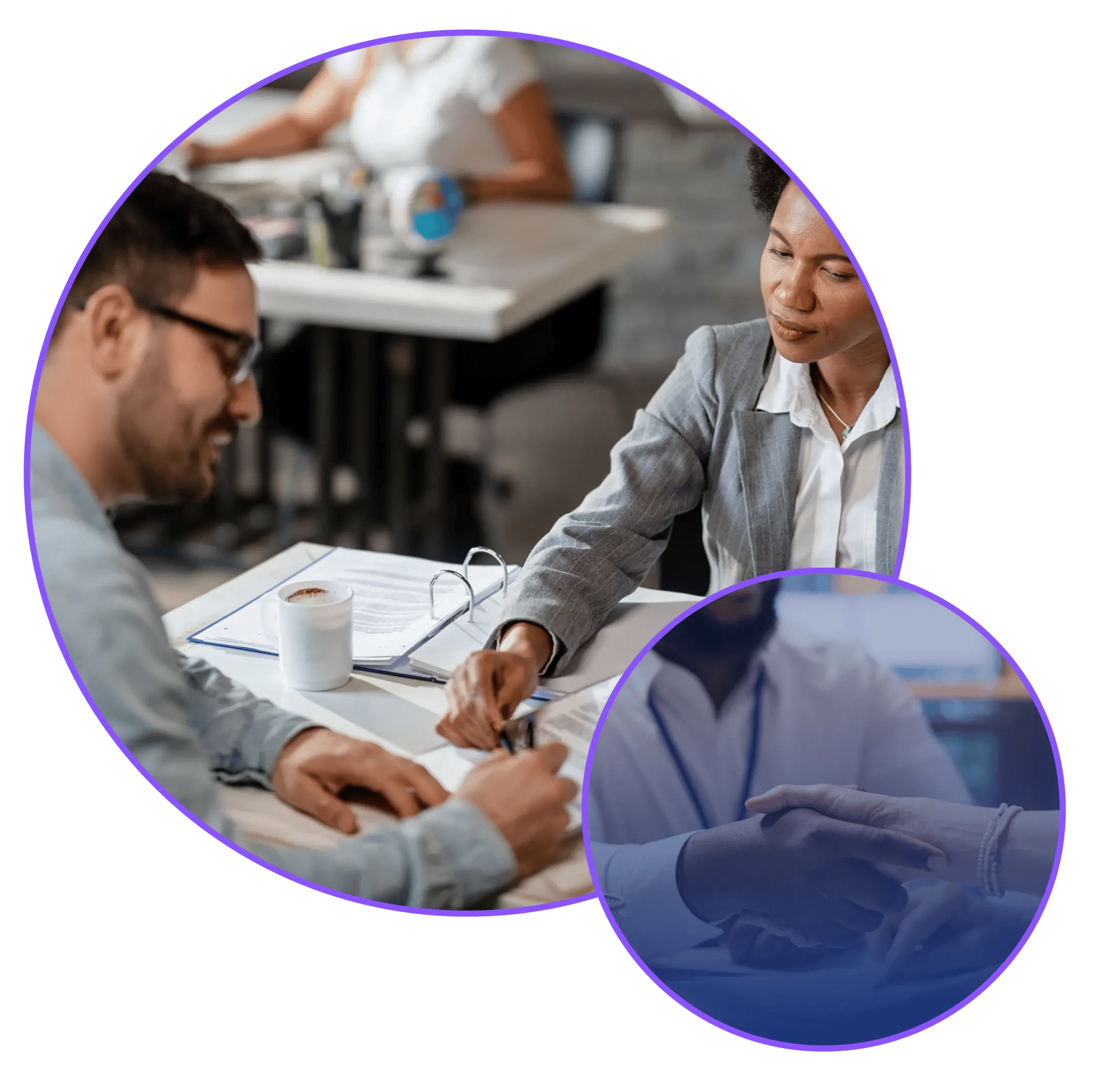 Two people working on insurance paperwork